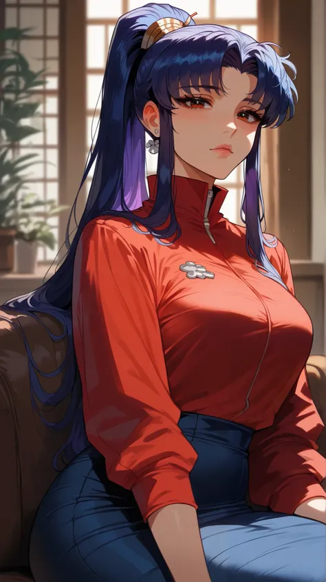 Misato Katsuragi style,  perfect eyes,  perfectly sexy face , ultra detailed,  ultra perfect eyes, hair tied like a ponytail ,  big beautiful woman , sitting, Dark Blue Skirt, Body,  looking at the viewer,