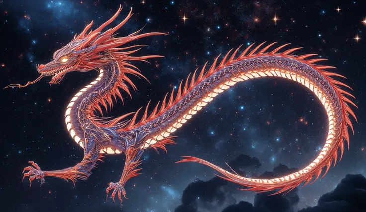 a bookmark a traditional Chinese dragon gliding through a cosmic galaxy, depicted through captivating digital illustration. The artwork showcases the dragon's powerful and graceful movement against a backdrop of cosmic stars, its long tail creating intrica...