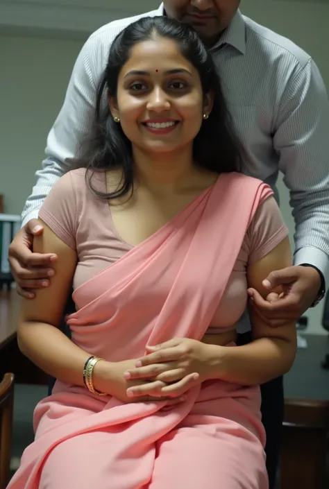 Close-up, there is an office where the boy and the girl are sitting, the girl is sitting on an office desk and the boy is standing next to her with her legs spread wide. The girl is wearing a pink wet transparent frock from which everything is visible and ...