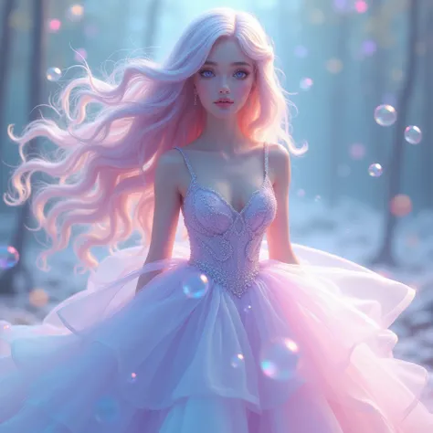 Köpük Prenses is a graceful, elegant figure with long, wavy hair in shades of pastel pink and blue, resembling bubbles. Her eyes are large and shimmering, with a soft lavender hue. She wears a sparkling gown made of light, iridescent bubbles that reflect t...