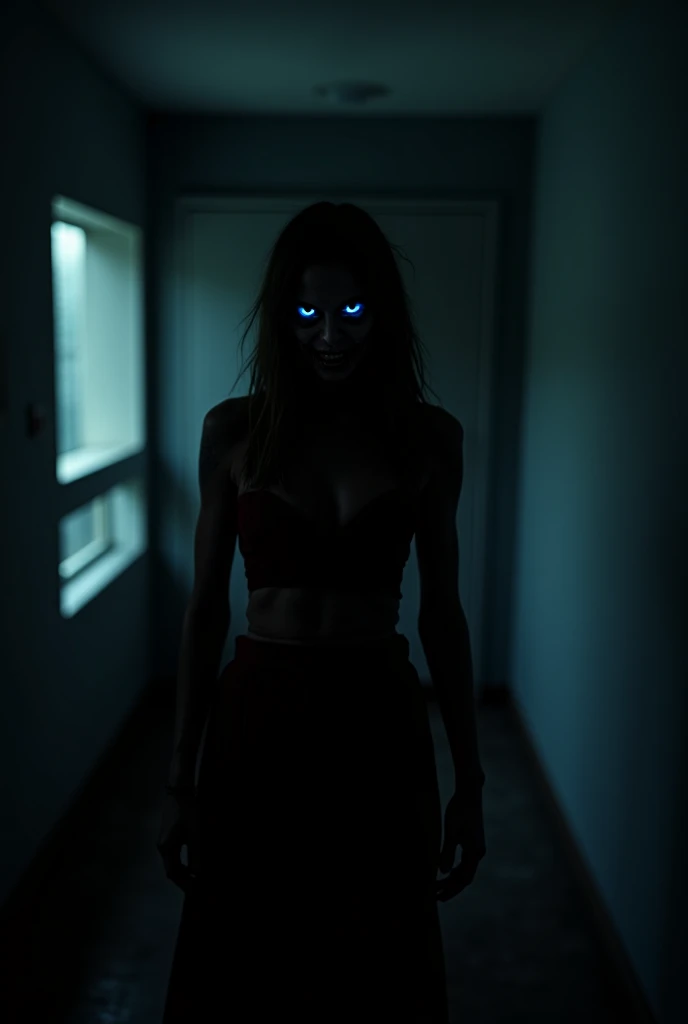 A ,  with his back to the camera, It is in a dark corridor ,  illuminated only by a window on the left ,  this  is facing the silhouette of a woman who has a decrepit and dreadful appearance, bright blue eyes in the darkness,  a sadistic smile that emerges...