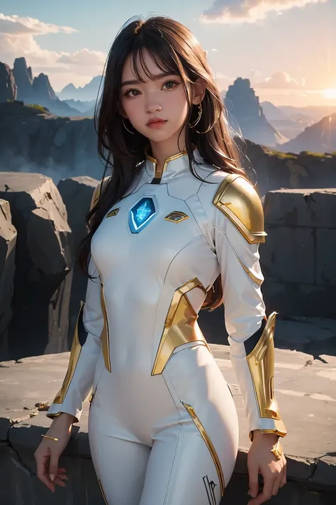 ((masterpiece, best quality, extremely detailed), volumetric lighting, ambient occlusion, colorful, glowing), 1girl, solo, young girl, (dark hair), long hair, halo, aura, sacred, goddess, cleric suit, (white outfit with gold detailst:1.3), armor, outdoors,...