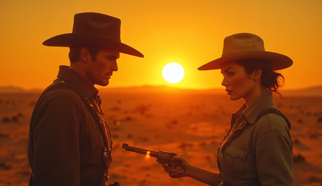  Beatrix practicing a gun duel with John Wayne : Both in the desert ,  with a burning sun on the horizon and Beatrix quickly drawing out her revolver.