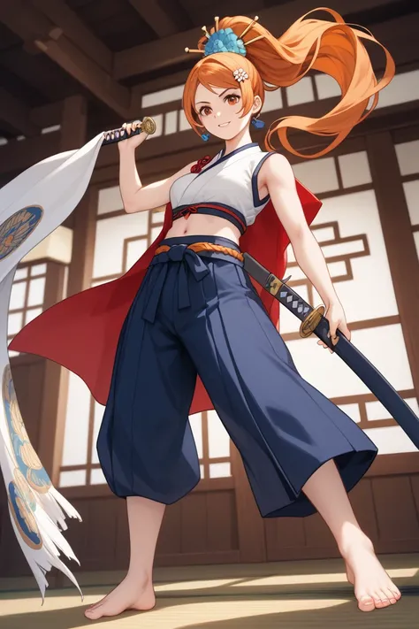 Orihime’s ancient Japanese fighter-inspired outfit blends tradition with a fierce, battle-ready aesthetic. She wears a cropped, sleeveless dark indigo gi top, tied tightly just below her chest, leaving her navel fully exposed. The fabric is lightweight yet...