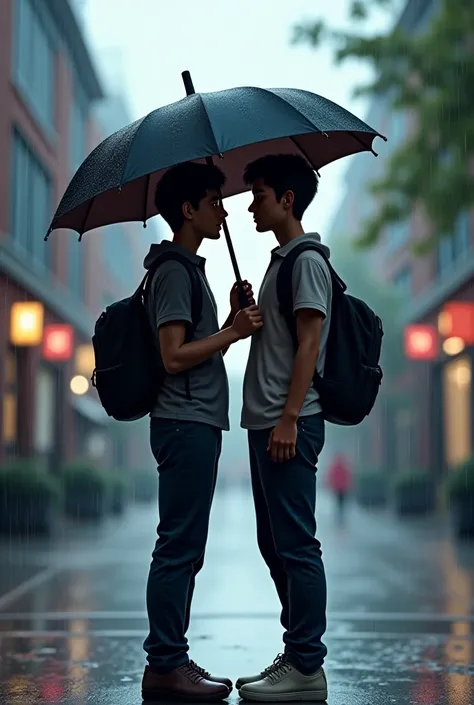 Two school gay couple under the umbrella in rain
