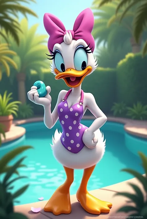 Daisy Duck lilac and white polka dot pool swimsuit, holding a turquoise 