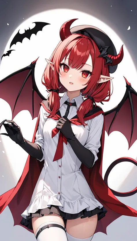 masteRpiece,  top quality,  1girl , Alone,  with red eyes, Red haiR, small bReast, demon giRl,  Demon Tail ,  demon wings, small demon hoRns, pointy eaRs, (small bReast), ( flat chest),   Twin Tails, bat hair ornament, Cape, white shiRt,  WHITE LEGWEAR ,  ...