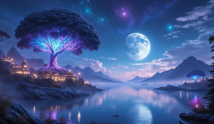  A surreal landscape illuminated by a giant and brilliant moon that reflects in a crystalline lake.  at the city centre,  a floating tree with luminous roots in shades of blue and purple , emitting an ethereal glow . around,  small magical creatures made o...