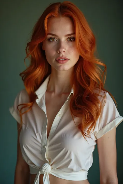 A red-haired, brown-eyed young white woman in sexy teacher clothes