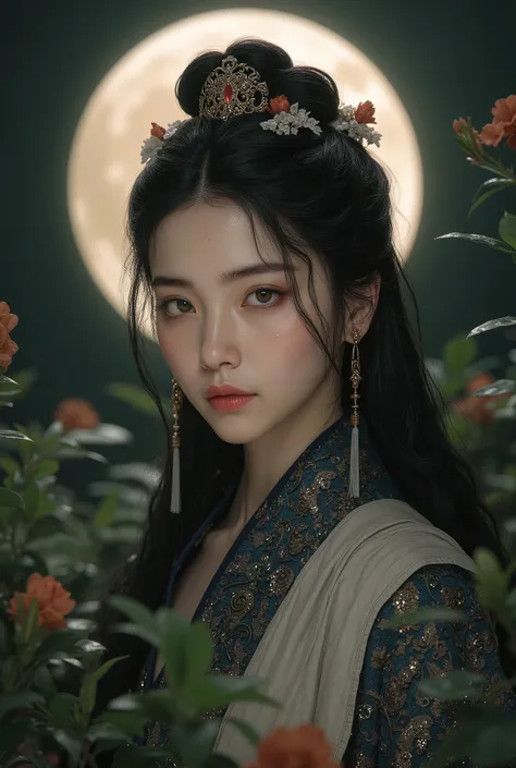 A masterpiece portrait of a mature, intellectual Chinese princess with a serene expression, long dark curly hair in an elaborate updo with hairpins, soft pink lips, and a close-up of her delicate face and hands, set against a backdrop of lush green foliage...