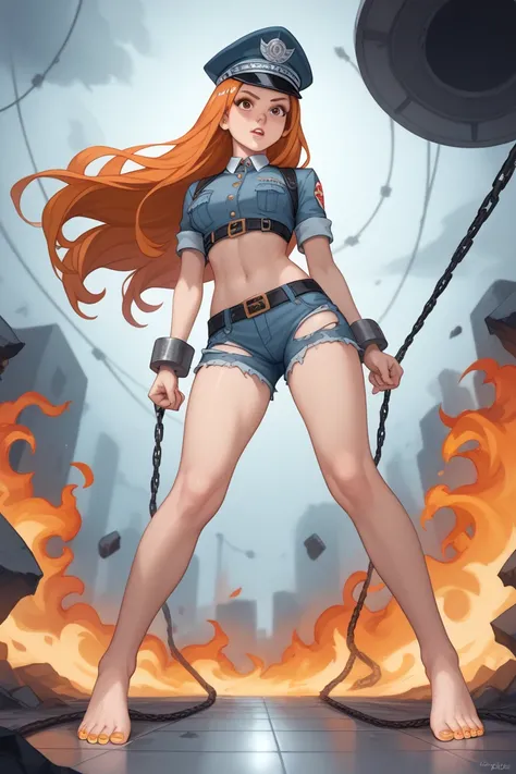 Orihime’s electric chair-inspired outfit has a dark, eerie aesthetic mixed with a bold, rebellious edge. She wears a tattered, cropped prison-style jumpsuit in faded orange, the top ripped just below her chest, leaving her navel fully exposed. The frayed f...