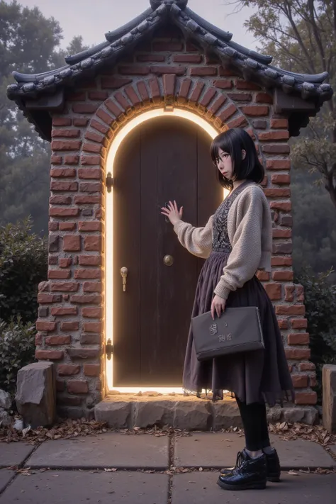 A mousy woman (shy, cute, no makeup, sweater, simple dress, glasses, humble hairstyle, Japanese, hardcover book) is in a quiet park in Japan, she is standing near a glowing brick arch with a magic door portal in it, she timidly reaches out to touch it, hyp...