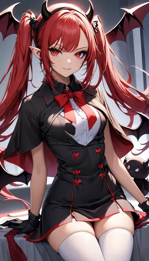 masteRpiece,  top quality,  1girl , Alone,  with red eyes, Red haiR, small bReast, demon giRl,  Demon Tail ,  demon wings, small demon hoRns, pointy eaRs, (small bReast), ( flat chest),   Twin Tails, bat hair ornament, Cape, white shiRt,  WHITE LEGWEAR ,  ...