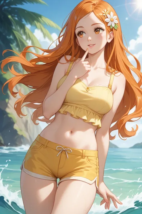 Orihime’s yellow-inspired outfit is vibrant and full of energy. She wears a cropped, sunshine yellow top made from a soft, stretchy fabric, hugging her form and leaving her navel fully exposed. The top is simple but stylish, with a slight scoop neckline, w...