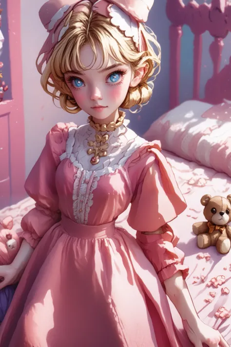 a very young ,cute cheeks Long dress in pink pajamas   、  Full image of a girl holding a teddy bear  ,   blue eyes、 Light pink room in the background  、 short hair, mystery,bow hair,  whole body,bed in the background 、 Blue eyes and  short hair ,quarto fem...