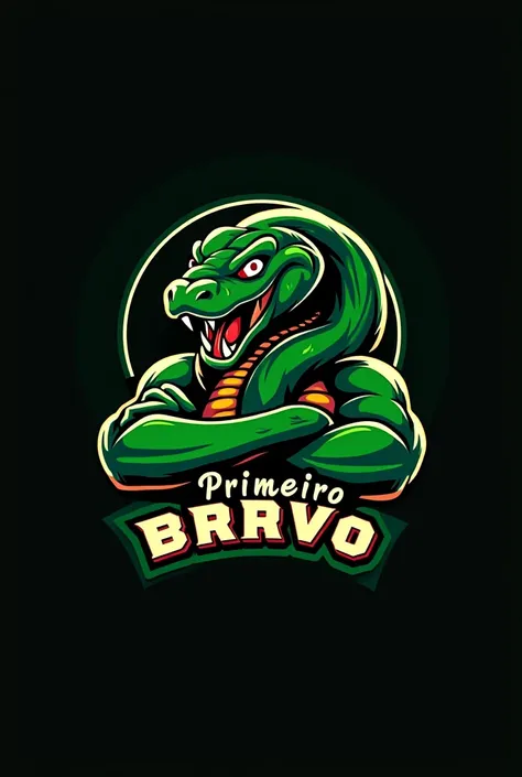 Logo of an athletic club whose mascot is a snake. Make the snake convey an image of strength and confidence. In a color palette and background between green and black. Do it in a humanoid version. Place the following word "Primeiro BRAVO" near your arms, i...