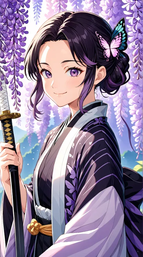  upper body close-up （((masterpiece), "Kochou Shinobu from Demon Slayer, beautiful purple butterfly hair ornament, shoulder-length black hair with purple gradient, elegant smile, butterfly-patterned haori, wisteria-colored eyes, holding Nichirin sword, del...