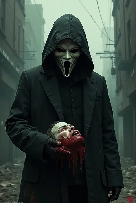 I want you to create a cover for me very similar to the one in the movie The Purge, with a man with the purge mask on and a severed head in his hand