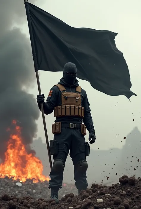 Masked soldier with black flag in a black uniform with a brown bulletproof vest on the rubble and fire