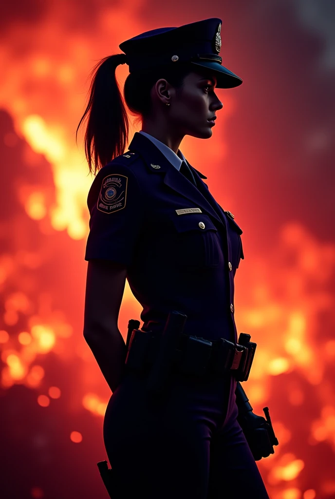 Create an aesthetic silhouette type a bit, uniformed police woman with aesthetic yet fierce full background