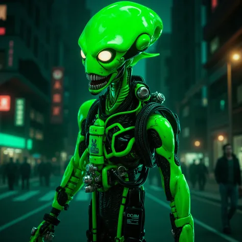 Neon green standing comic book alien that is a half cyber robot. In a cyber city. High Resolution, Looking at viewer, Masterpiece, Accurate, Anatomically Correct, Award Winning, Best Quality, High Details.