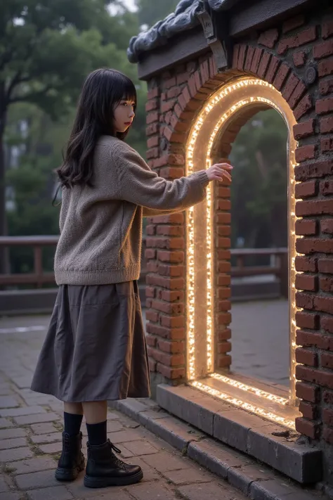 A mousy woman (shy, cute, age 20, no makeup, sweater, simple dress, glasses, humble hairstyle, Japanese, hardcover book) is in a quiet park in Japan, she is standing near a glowing brick arch with a magic door portal in it, she timidly reaches out to touch...