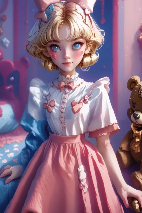 a very young ,cute cheeks Long dress in pink pajamas   、  Full image of a girl holding a teddy bear  ,   blue eyes、 Light pink room in the background  、 short hair, mystery,bow hair,  whole body,bed in the background 、 Blue eyes and  short hair ,quarto fem...