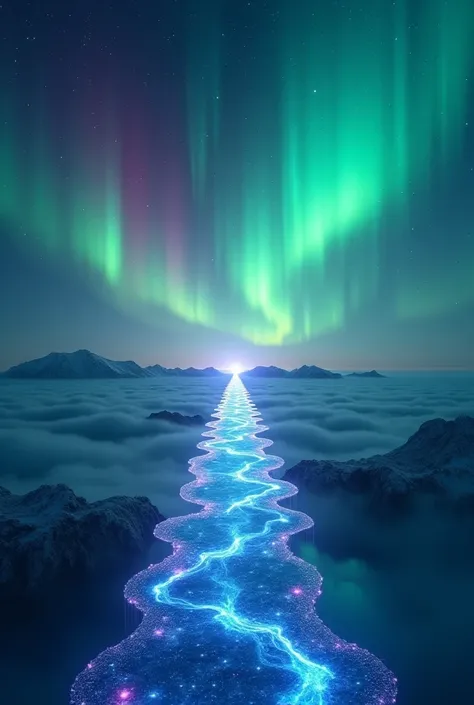 A footbridge made of Northern Lights, The setting is an atmosphere and the aurolae stretch like a path between the cosmos