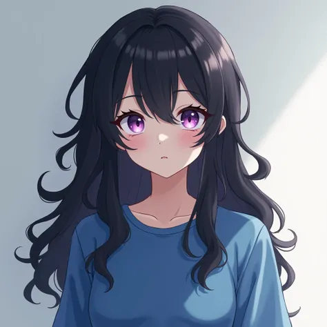 Make a boy with long black hair wavy, 188 cm high, Purple eyes with moon pupil, He has a thin, half-feminine body,  he is wearing a blue long sleeve t-shirt, He is very close to the screen saying hi, Is he with a sleepy guy,  anime style