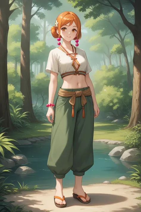 For a monk-inspired outfit for Orihime Inoue that adheres to the rule of showing her navel and toes, here's a design that combines spiritual simplicity with a hint of elegance:

Top:

Loose, cropped tunic: A traditional, loose-fitting tunic made of soft, b...