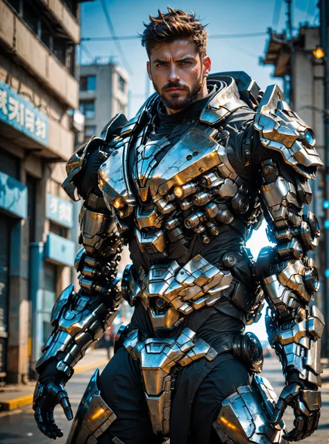 (masterpiece, best quality, ultra-detailed, best shadow), cinematic film still, photo of a man wearing a high tech scifi armor, mecha armor, male focus, armor, solo, facial hair, cape, beard, looking at viewer, blue eyes, blurry background, power armor, kn...