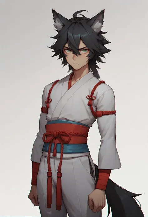   high quality  ,   very detailed illustration ,(boy:1.8), gray fur,  Wolf ears and tail  ,  disheveled long matte black hair,   flat chest ,   wide hips,   slim,   perfect body   , ((  samurai clothes   )), anime