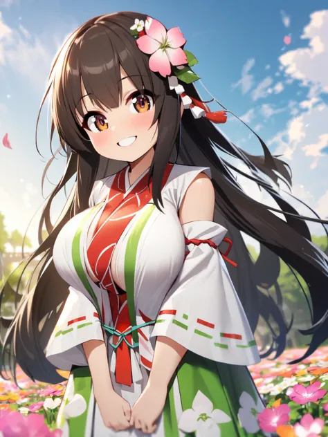 The main character has dark hair, unkempt, long hair, one girl, the center of the flower field shrine maiden's clothes, smile, loli, big boobs