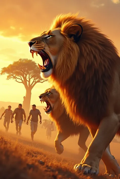 Draw lions with pretty manes roar making animal hunters run in the background,  you can see a bright sky and a large tree ,  transmitting a warm and motivating environment .  