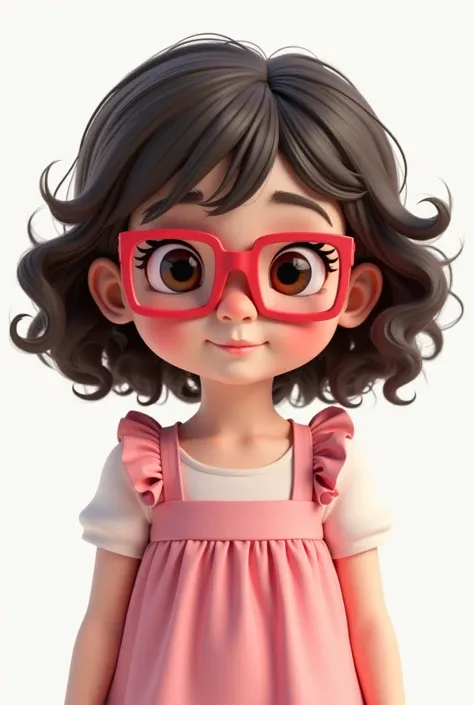 Create 3D digital image of  White ,dark brown eyes Dark brown curly hair below the shoulder, chubby girl, Wear red rectangular glasses, Pink dress with bow on the shoulders,  white background