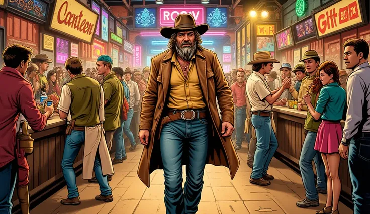 A cowboy named Wod arriving at a comic-style canteen