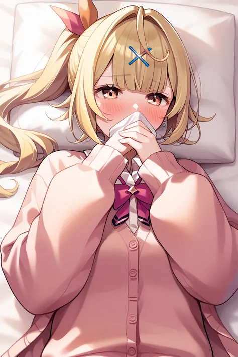  Nijisanji,Hoshikawa Sara, bright girl, 1 girl, solo,  blonde,  long hair,  ponytail , Bang Bangs,  Princess Cut, ( black), cardigan, bed, lying down , big breasts,  smiles, Embarrassed, moe sleeve,(Cover your mouth with your hand), high resolution,  anato...