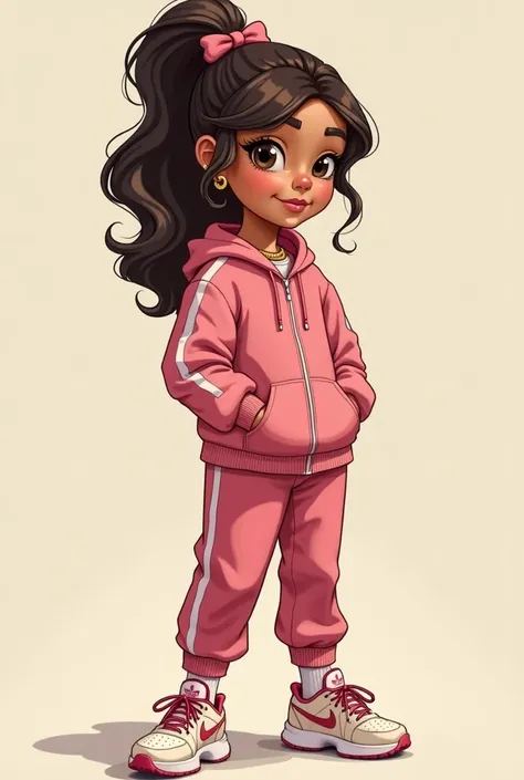 Create me a cartoon of a young girl ,with brown eyes , challenging look ,pile morena ,a tracksuit ,And some sports shoes ,with a ponytail or a bow ,a fanny pack around the waist,rings ,gold necklaces , black tracksuit 