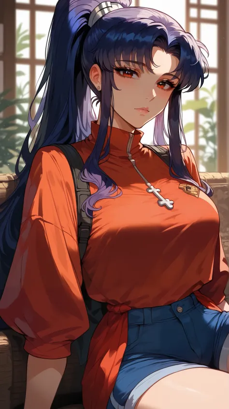 Misato Katsuragi style,  perfect eyes,  perfectly sexy face , ultra detailed,  ultra perfect eyes, hair tied like a ponytail ,  big beautiful woman , sitting, dark blue shorts, Body,  looking at the viewer,