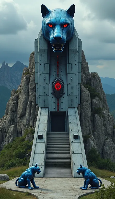 " An imposing futuristic fortress carved on a rocky mountain ,  with a design that mixes advanced technology and brutalist architecture .  The structure has a large front courtyard with two inclined ramps ,  flanked by sculptures of blue panthers crouched ...