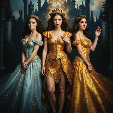 Three beautiful princesses are dressed in historical attire, Castle in the background, high fantasy, BREAK, masterpiece, best quality, the most important work, ultra detailed, high resolution, 32k, RAW photo, photorealistic, highly detailed background, ela...