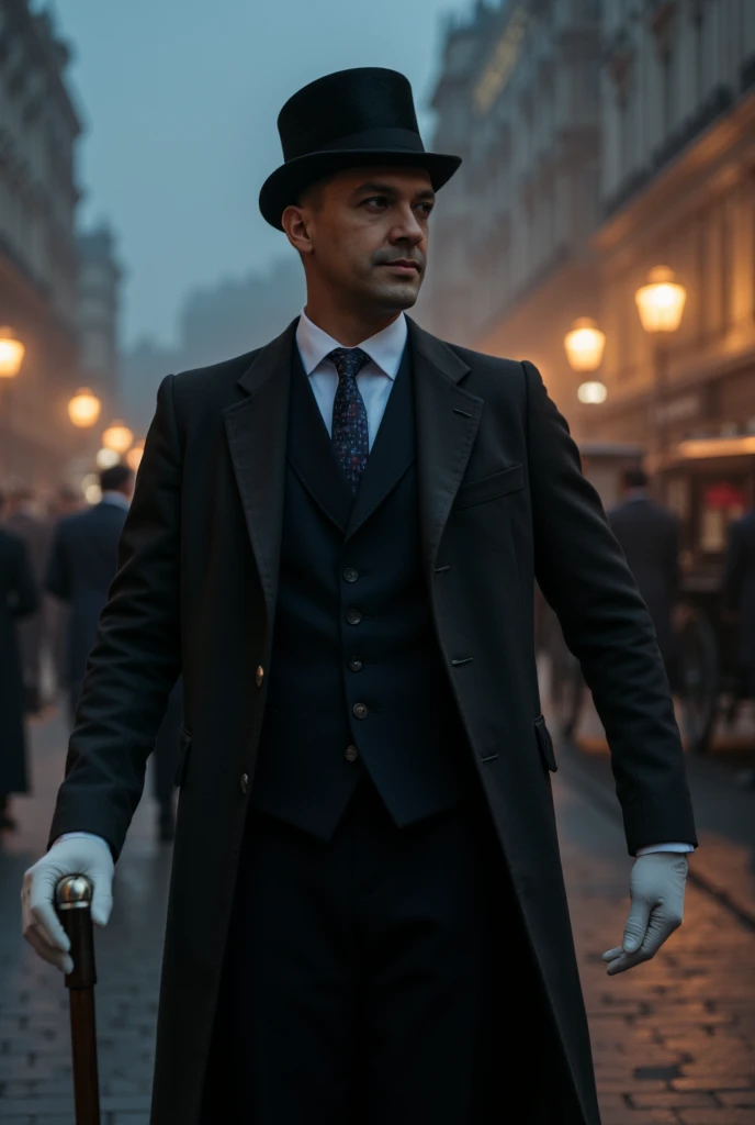  Business: You are a Victorian gentleman ,  with exquisite taste and elegance .  In the photo, you are wearing a suit with a cylinder and a cane .  The background is a Victorian English street scene with gas lights and carriages.
 style: Historical, Victor...