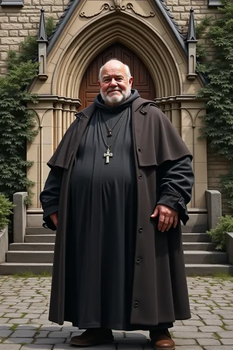 Prêtre 75 ans rondouillard ,Full body realistic photo in front of an old 18th century church 