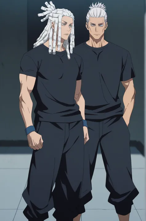 High resolution,  masterpiece,  Precise,  the best quality , very aesthetic, 1 men, atlethic body, dreadlocks, long white hair, white hair, black pants, black t-shirt, tennis reebock, Jujutsu kaizen style art, jujutsu kaisen anime art, fullbody, Jujutsu ka...