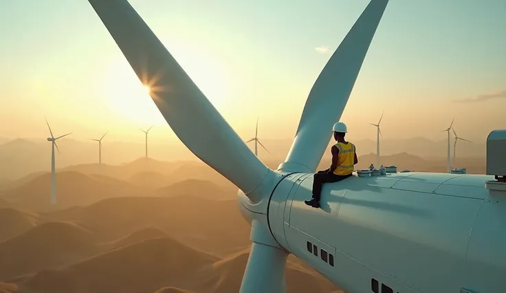 Hyper-realistic, cinematic aerial shot from a drone’s perspective, capturing a fully expanded, wide-angle view of a massive wind turbine generator. A young man with dark caramel skin, wearing a bright yellow safety vest and a white helmet, is sitting at th...