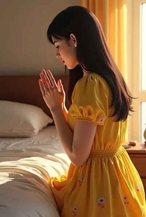 Create a 3D image of a brunette woman  ,  dress with long black hair  ,  wearing a short sleeve yellow flower print dress  ,  praying to God kneeling next to your bed  .  In your beautiful bedroom a very focused and sharp side image 