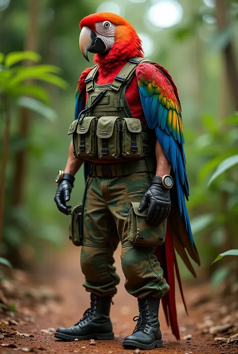  Creates a full-body image , Of a macaw with the body and clothing of a Honduran soldier