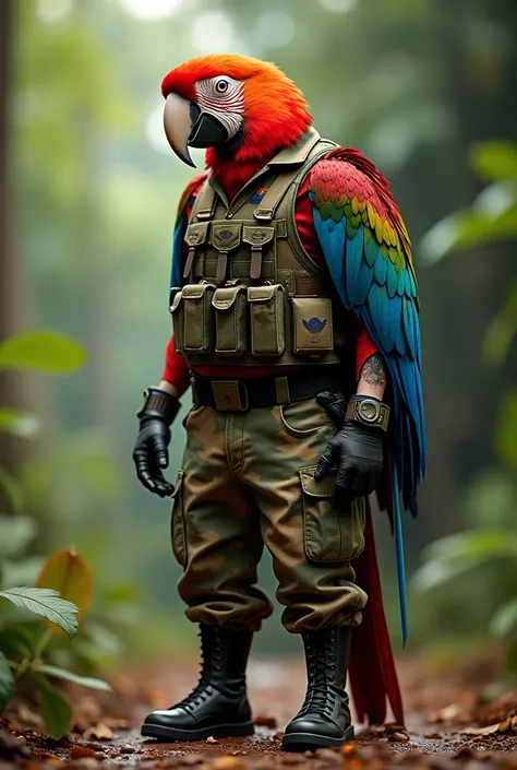  Creates a full-body image , Of a macaw with the body and clothing of a Honduran soldier