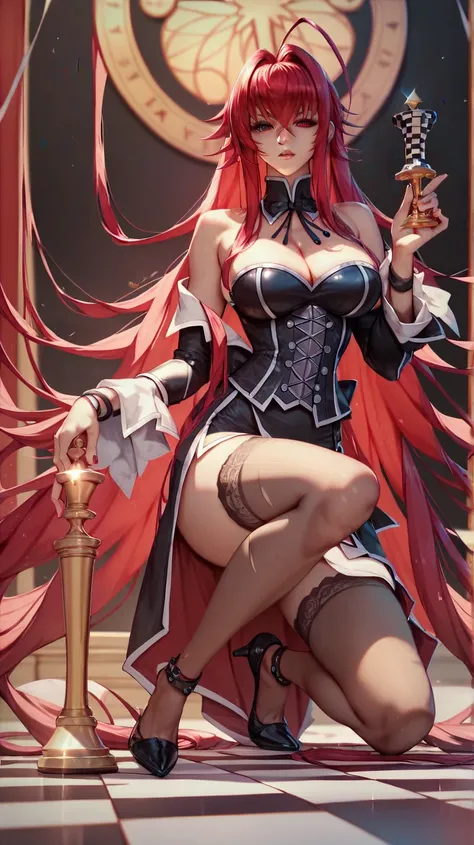 1girl, solo, Rias Gremory \(highschool DxD\), holding a glowing red pawn chess piece, High Resolution, Masterpiece, Anatomically Correct, Detail, Best Quality, HD, High Quality, High Details, Super Detailed, UHD, full body