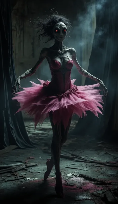 (best quality, 128k,highres,masterpiece:1.2),ultra-detailed,(realistic,photorealistic,photo-realistic:1.37), ((masterpiece)) ((photography)) ((Highest quality)) A hauntingly eerie demonic ballerina with a pink burning tutu stands in a dark, fog-filled envi...